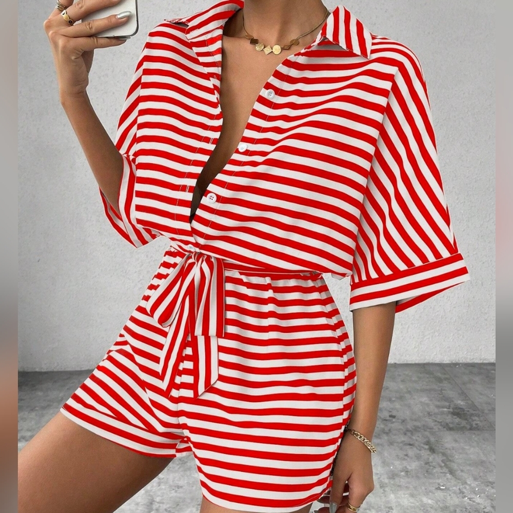 Striped & Cinched Romper - Red
